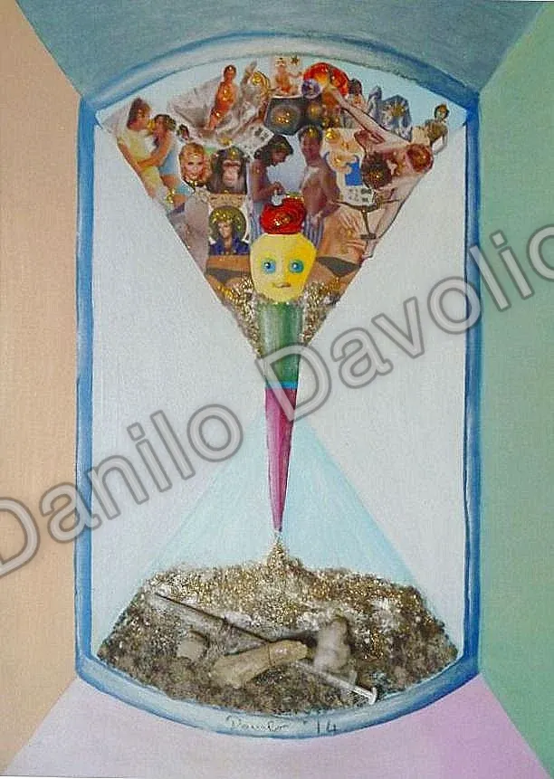 I was stars dust with love, i will be earth dust!, 2013, Olio su cartone telato, collage, materiali vari
