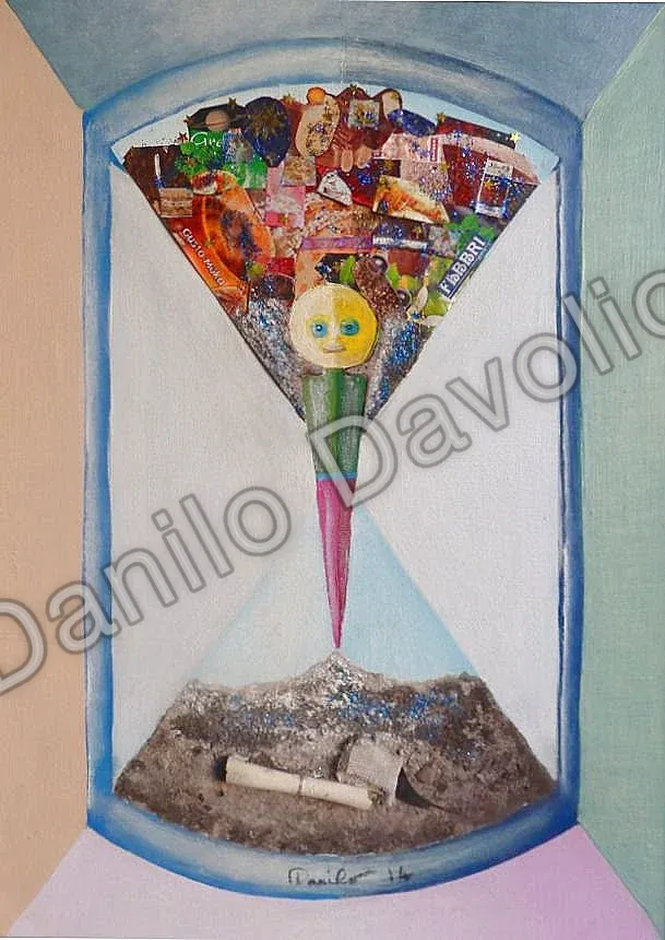 I was stars dust with coffee, sweets, i will be earth dust!, 2013, Olio su cartone telato, collage, materiali vari