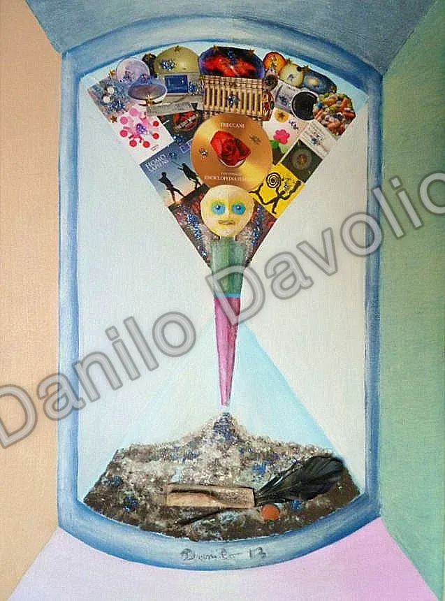 I was stars dust with culture, i will be earth dust!, 2013, Olio su cartone telato, collage, materiali vari