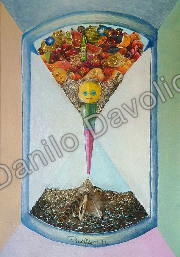 I was stars dust with fruits, food, drink, i will be earth dust!, 2013, Olio su cartone telato, collage, materiali vari