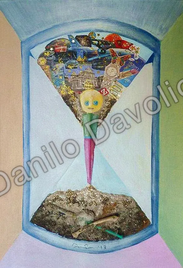I was stars dust with tecnology, i will be earth dust!, 2013, Olio su cartone telato, collage, materiali vari
