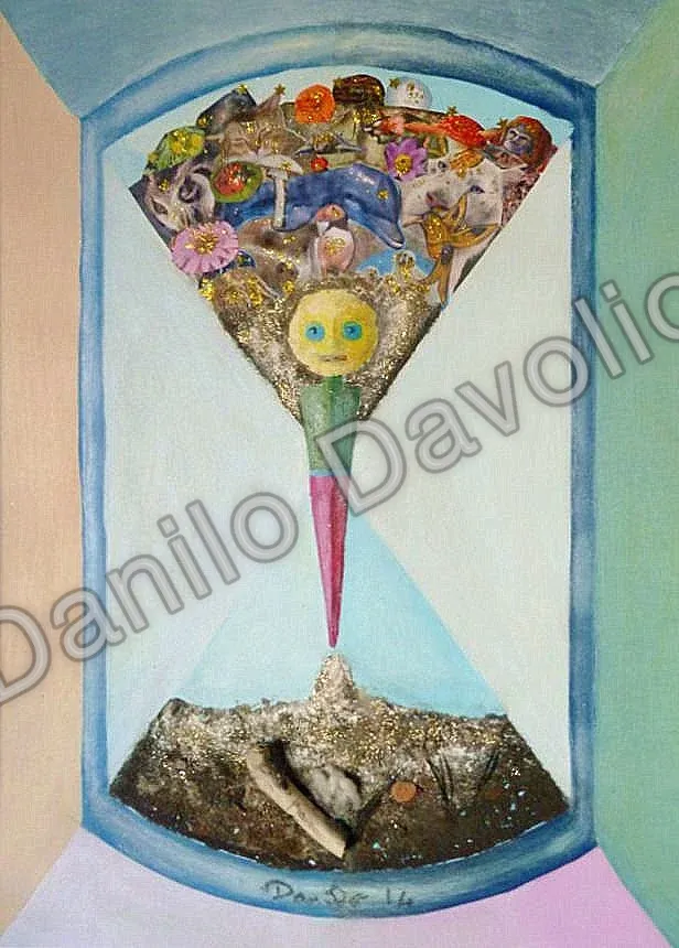 I was stars dust into nature, i will be earth dust!, 2013, Olio su cartone telato, collage, materiali vari